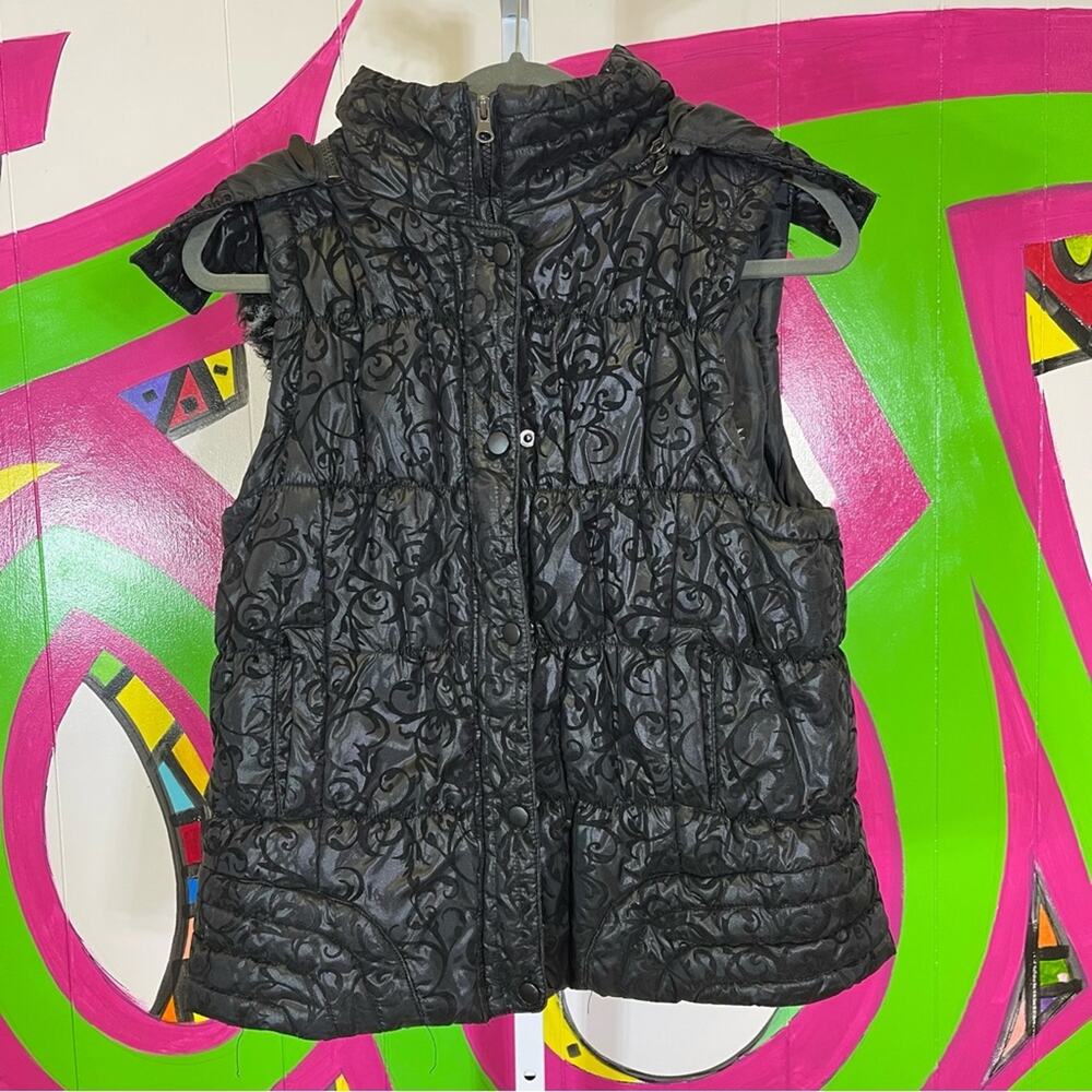 Vanity, Puffer Vest, Detachable Hood. Velvety Embossed Vest. Size Large.